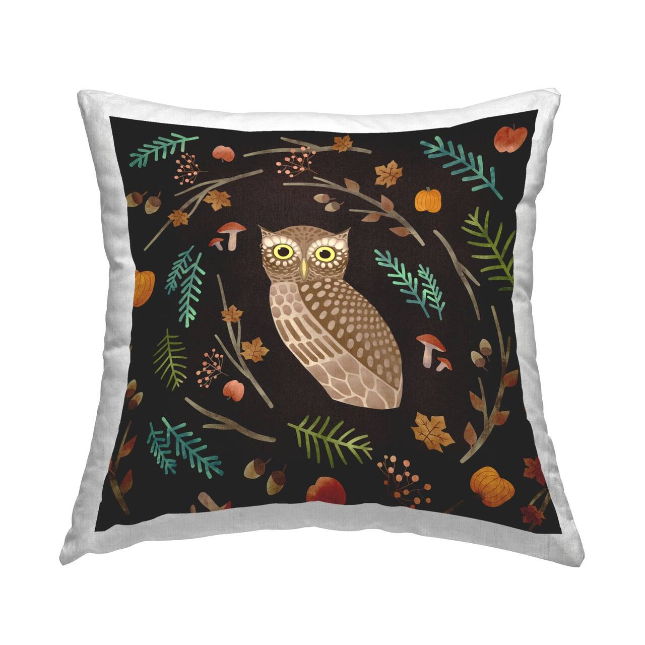 Stupell Industries Brown Owl Various Autumn Plants Throw Pillow